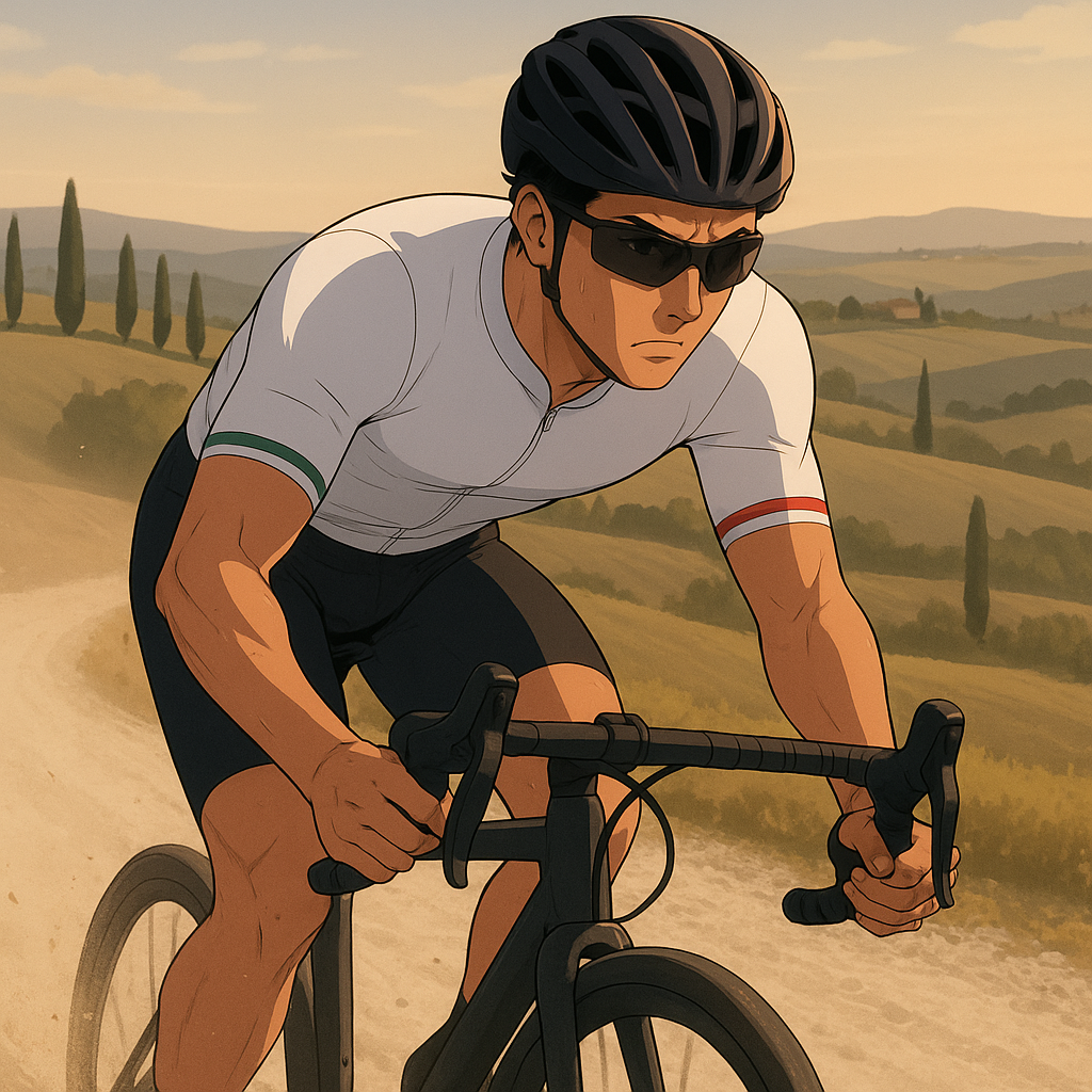 Isaac del Toro compitiendo en la Strade Bianche 2026, rodando en solitario por los caminos de grava de la Toscana al atardecer.