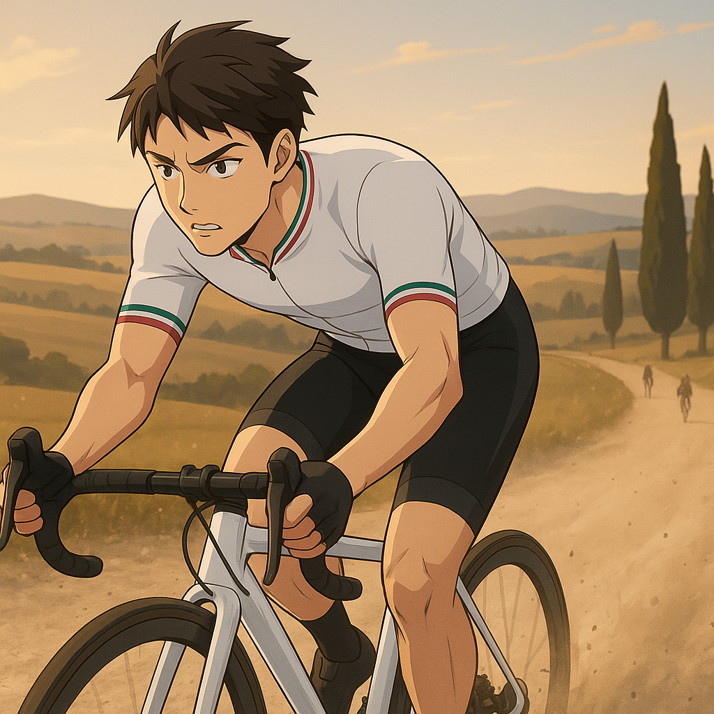 Ilustración estilo anime de Isaac del Toro compitiendo en el Strade Bianche 2026, con paisajes toscanos de fondo y caminos de grava blanca.