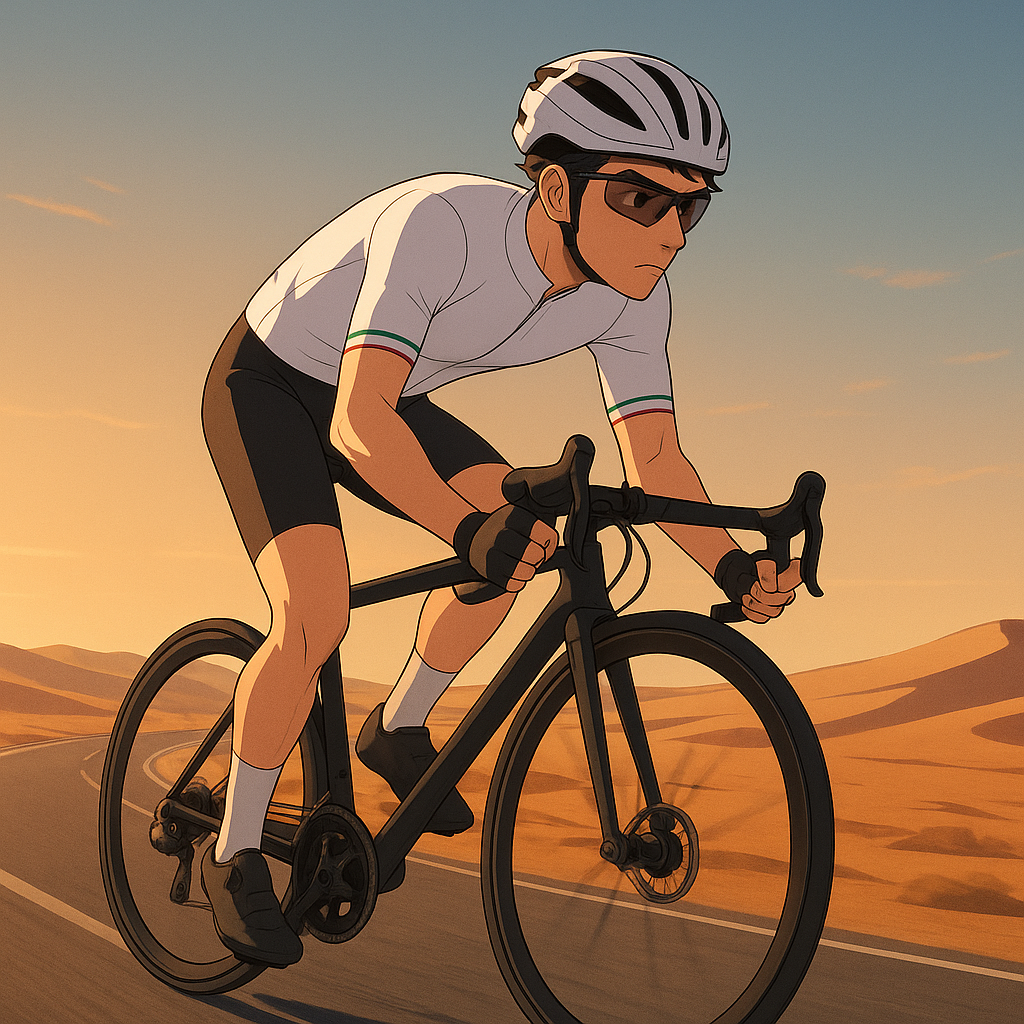 Isaac del Toro en entrenamiento solitario en un paisaje desértico durante el atardecer, preparándose para su debut en el UAE Tour 2026.