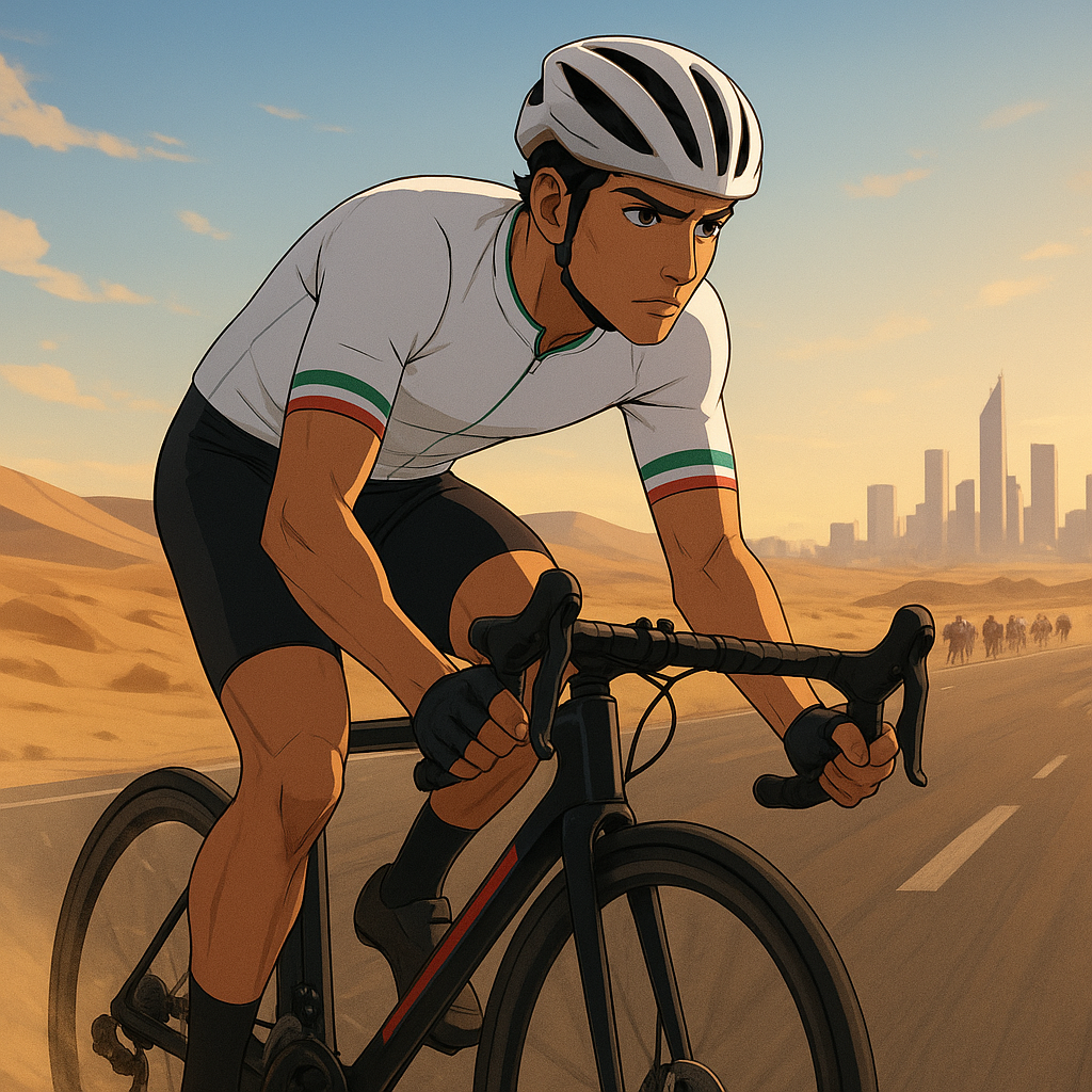 Isaac del Toro compitiendo en el Tour de los Emiratos Árabes Unidos 2026, con un paisaje desértico y urbano de fondo.